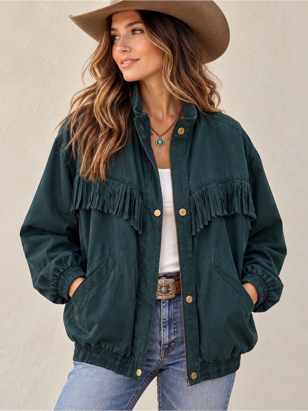 Vintage Silk Fringe Western Jacket Dark Teal Green Snap Front SIZE Medium/Large